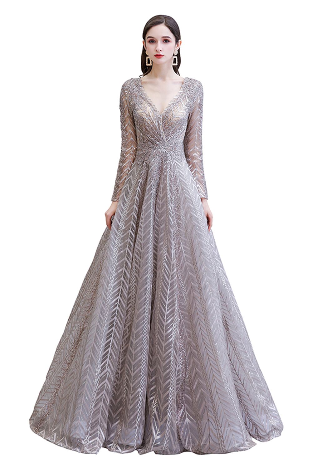 V-neck Long Sleeves Floor Length Lace A-line Gorgeous Prom Dresses