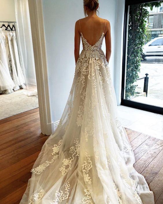 A-Line Appliques Sexy V-Neck Tulle Spaghetti-Straps Wedding Dresses qq0275