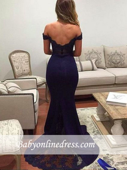 Lace Mermaid Prom Dresses Off-the-Shoulder Dark Navy Elegant Long Bridesmaid Dresses