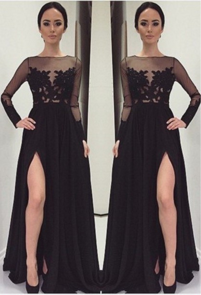 Appliques Bateau Black Long-Sleeves Elegant Side-Slit Prom Dress