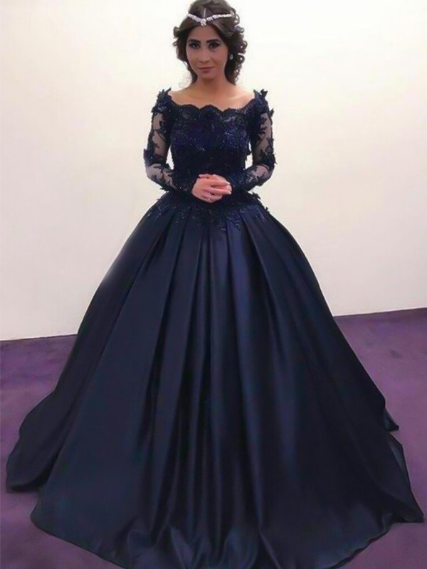 Lace Applique Bateau Long Sleeves Prom Dresses Ball Gown Sexy Evening Dresses with Beads