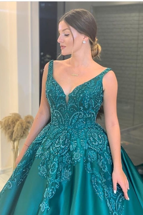Charming V-neck A-line Appliques Lace Satin Prom Dress With Sweep Train