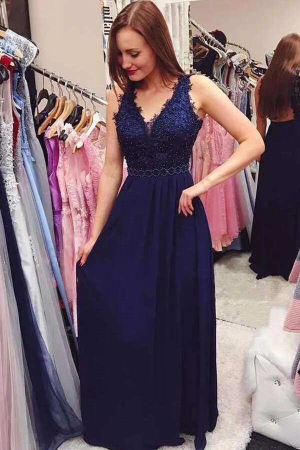 Elegant A-Line Appliques Lace Chiffon V-neck Long Evening Prom Dress With Sash