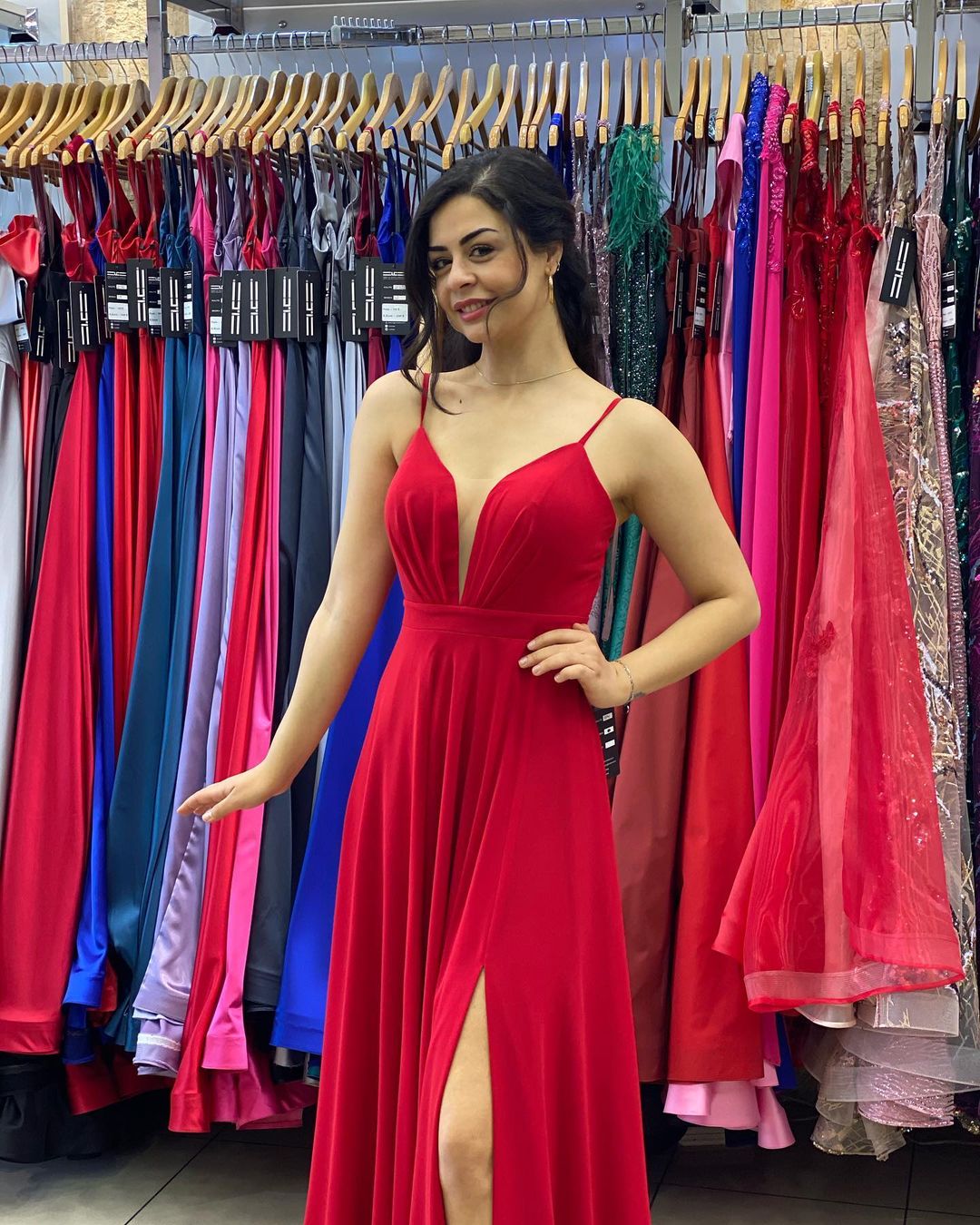 Sexy Spaghetti Straps Deep V-neck A-Line Ruffles Prom Dress With Side Slit