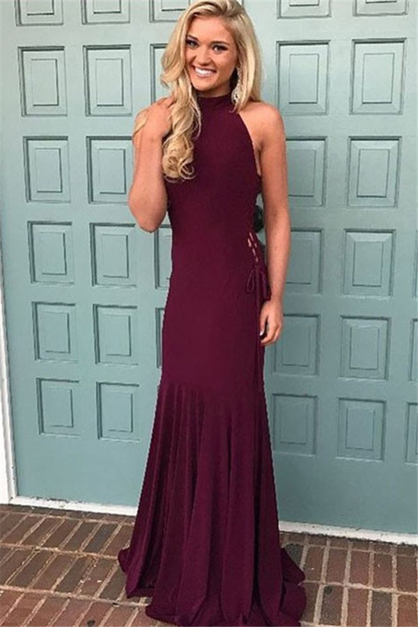 Burgundy Halter Lace Up Prom Dresses Mermaid Ruffles Sexy Evening Dresses
