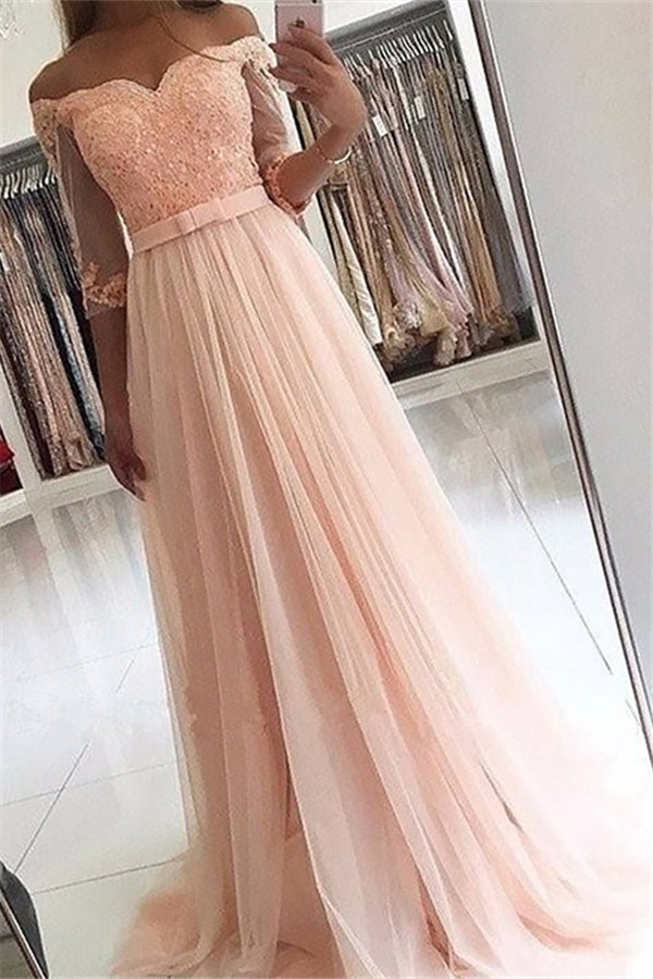 Side-Slit Lace V-Neck Prom DressesBlack Tulle Long Sleeves Sexy Evening Dresses CheapOff-the-Shoulder Beads Long Sleeves Prom Dresses Lace Tulle Sexy Evening Dresses with Belt