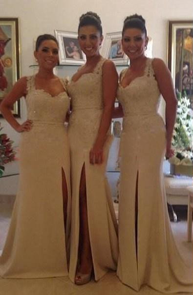 Sexy Lace Mermaid Bridesmaid Dresses Side Slit Beaded Prom Dresses with Buttons