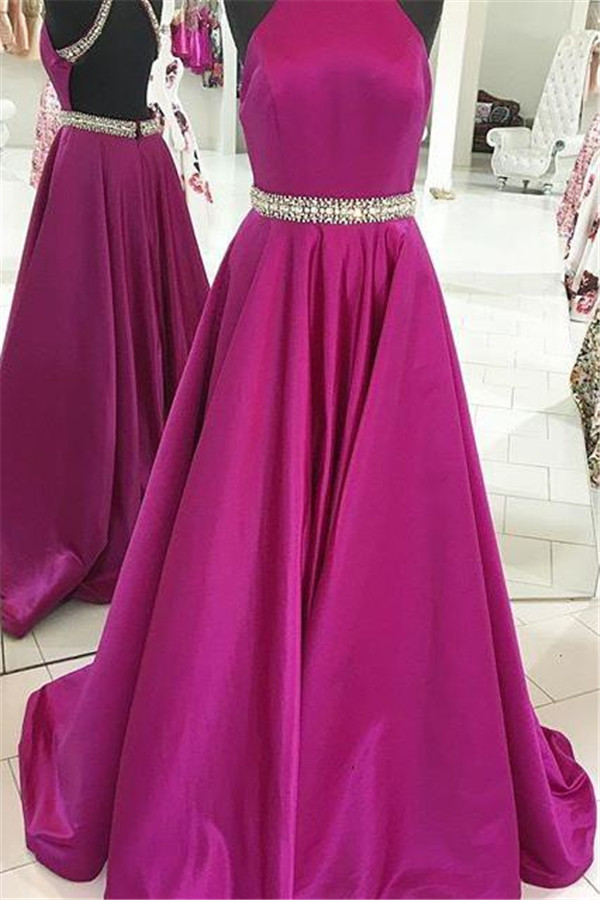 Crystal Halter Prom Dresses Ribbon Sleeveless Sexy Evening Dresses