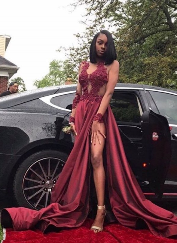 Sexy Burgundy Sheer Prom Dresses Long Sleeves Side Slit Evening Gowns LY099