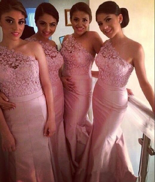 One Shoulder Lace Appliques Flower Sleeveless Sheath Pink Bridesmaid Dresses