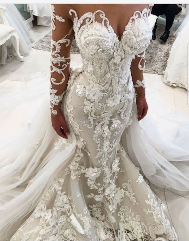 Luxury Floral Appliques Fit and Flare Wedding Dresses | Long Sleeves Bridal Gowns with Detachable Train