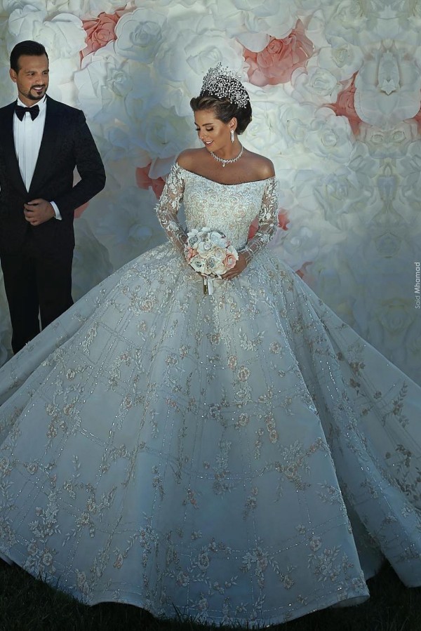Gorgeous Off The Shoulder Long Sleeve Sequin Applique Ball Gown Wedding Dress | Crystal Puffy Wedding Gown