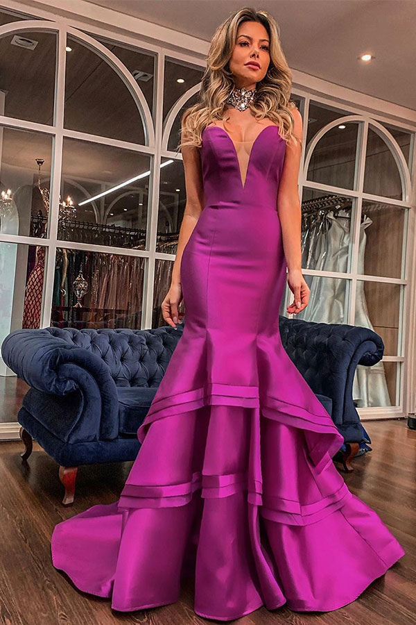 Solid Strapless Sweetheart Mermaid Tiered Floor Length Prom Dresses