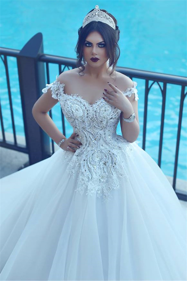 Vintage Off-the-Shoulder Wedding Dresses Crystal Tulle Ball Appliques Bridal Gowns