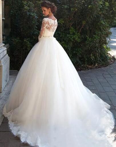 Fall Elegant Half Long Sleeves Bridal Ball Gown Lace Wedding Dresses
