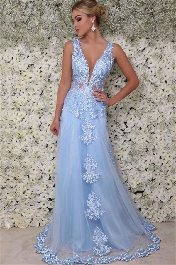 Chic V-Neck Sleeveless Applique Prom Dresses Tulle Cheap Sexy Evening Dresses with Beads