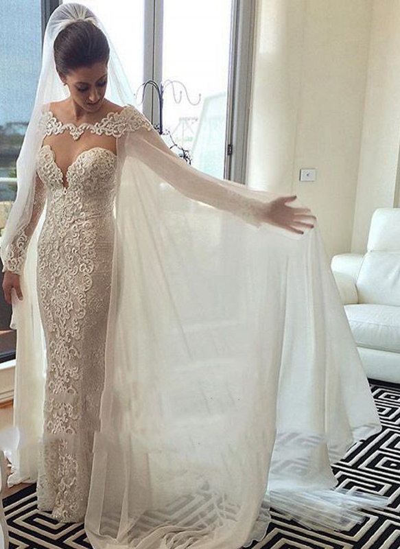 Chic Cape Mermaid Wedding Dresses | Long Sleeves Lace Beading Bridal Gowns