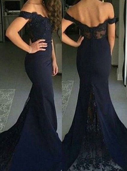 Lace Mermaid Prom Dresses Off-the-Shoulder Dark Navy Elegant Long Bridesmaid Dresses