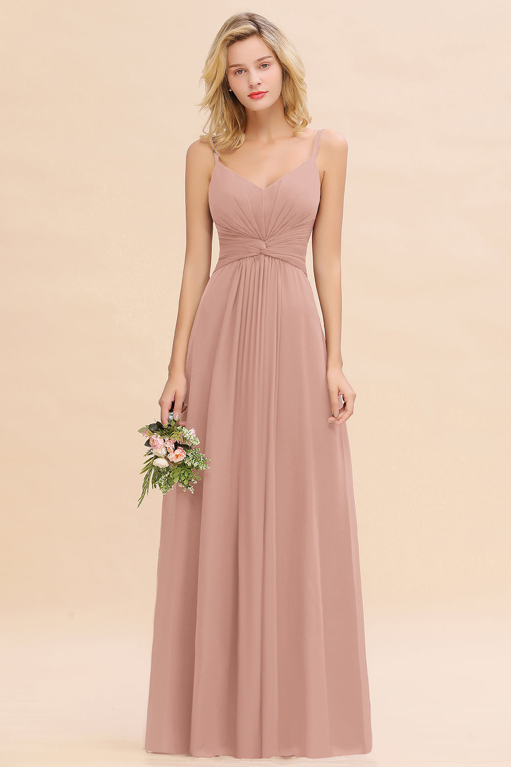 Elegant A-line Chiffon Spaghetti Straps Long Bridesmaid Dress with Ruffles-Babyonlinedress