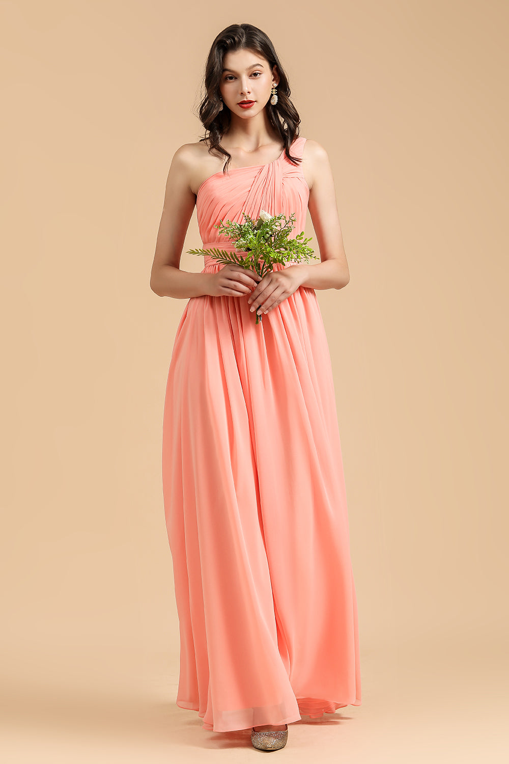 Elegant A-line One Shoulder Coral Chiffon Long Bridesmaid Dress-Babyonlinedress