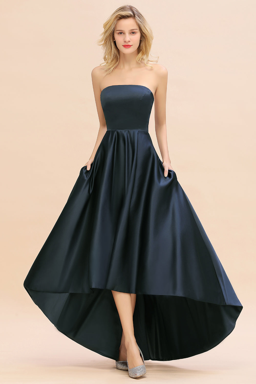 Elegant A-line Strapless Satin Open Back High Low Bridesmaid dresses From Babyonlinedress