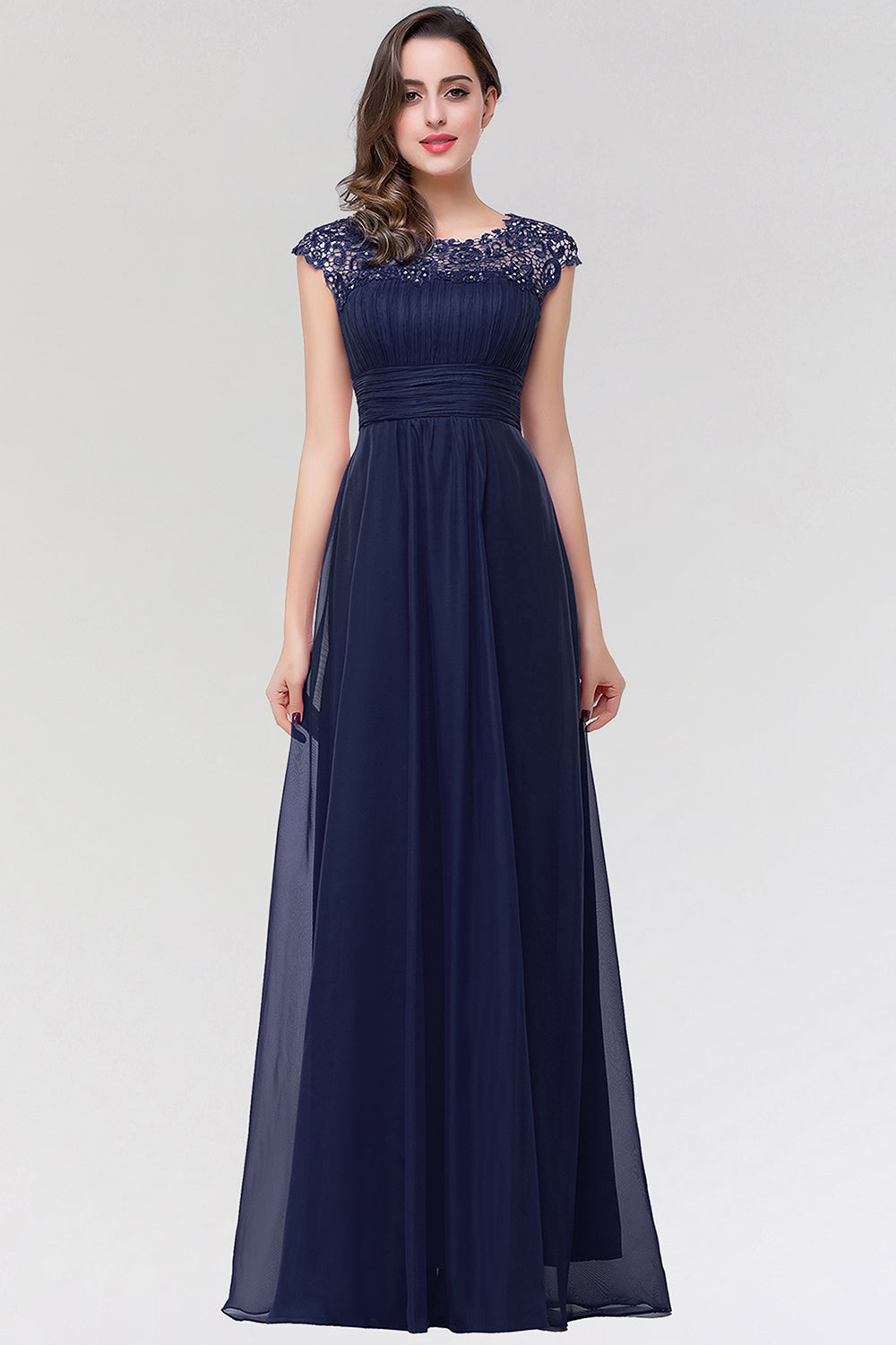 Elegant Chiffon Pleated Navy Lace Bridesmaid Dress with Keyhole Back-Babyonlinedress