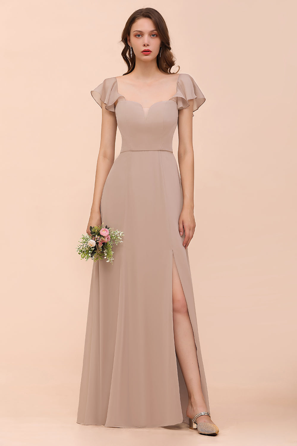 Elegant Chiffon Slit Affordable Bridesmaid Dresses with Short Sleeves-Babyonlinedress