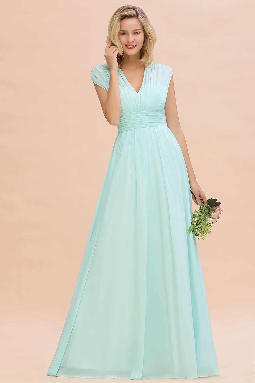 Elegant Chiffon V-Neck Ruffle Long Bridesmaid Dresses Affordable-Babyonlinedress