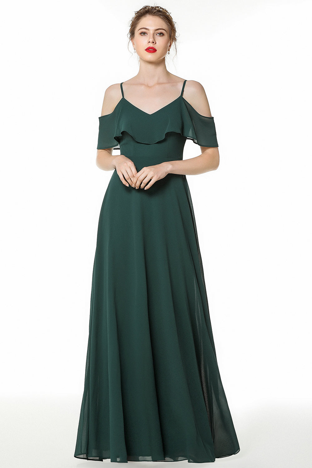 Elegant Cold-shoulder Flounced Crinkle Backless Bridesmaid Dresses Affordable-Babyonlinedress