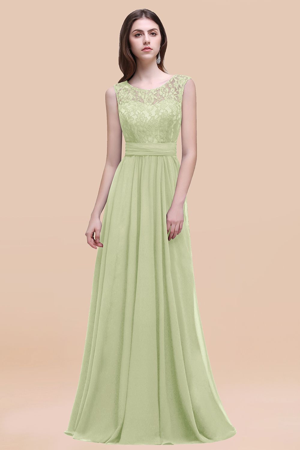 Elegant Dark Green A-line Chiffon Lace Scoop Long Bridesmaid Dress-Babyonlinedress