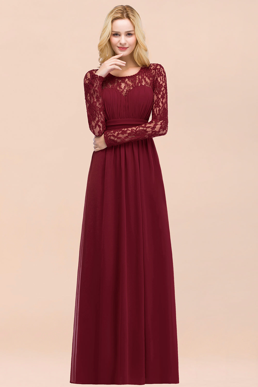 Elegant Lace Burgundy Bridesmaid Dresses Online with Long Sleeves-Babyonlinedress