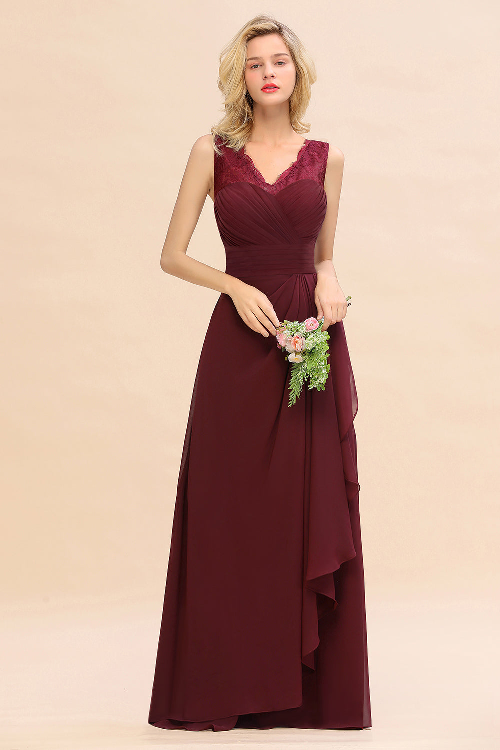 Elegant Lace V-Neck Burgundy Chiffon Bridesmaid Dresses with Ruffle-Babyonlinedress