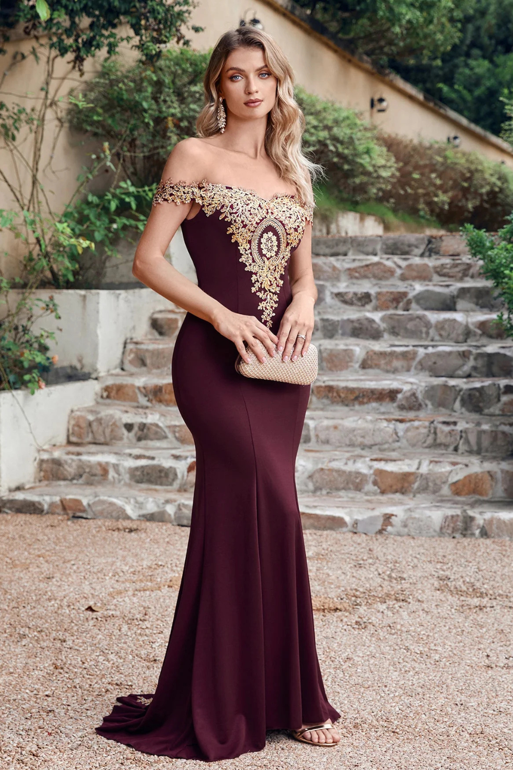 Long Off-the-Shoulder Floor Length Mermaid Evening Dress with Gold Appliques-Babyonlinedress