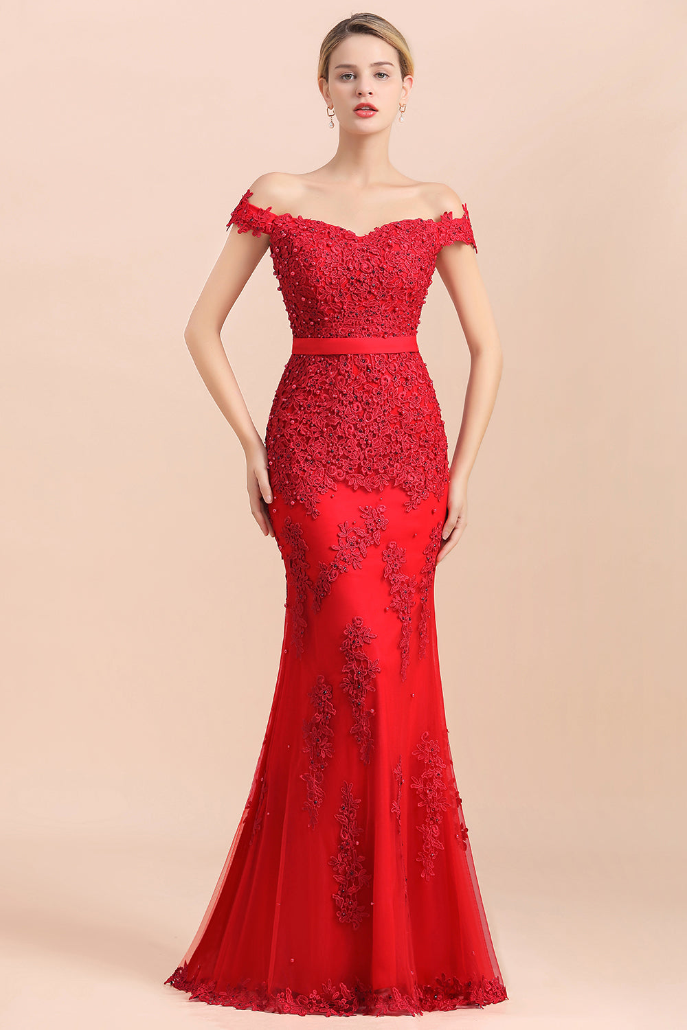 Elegant Mermaid Off the Shoulder Red Lace Appliques Bridesmaid dresses-Babyonlinedress