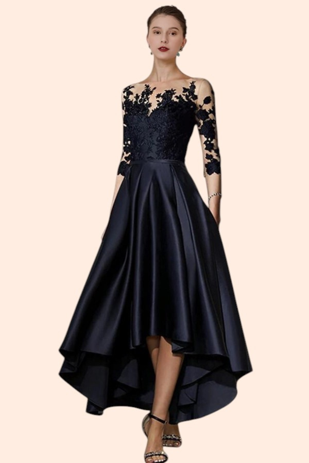 Elegant Navy Blue A-line Hi-Lo Prom Dress with Lace Appliques-Babyonlinedress