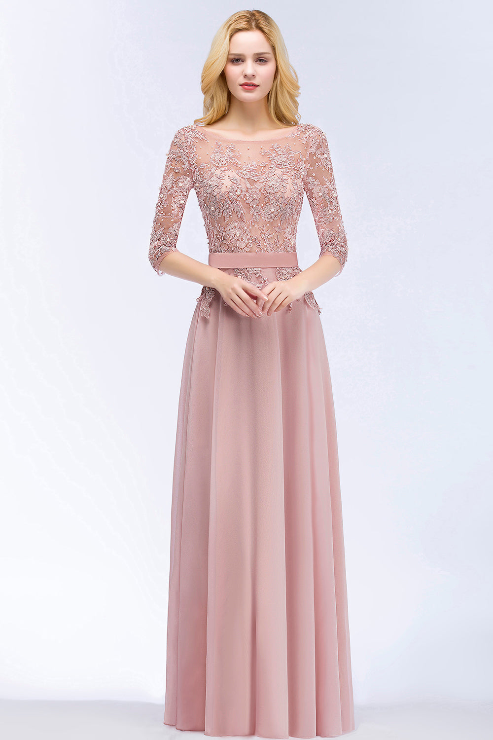 Elegant Scoop Half-Sleeves Lace Dusty Rose Bridesmaid Dress With Pearls-Babyonlinedress