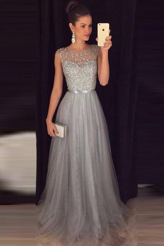 Elegant Sleeveless A-line Tulle Sequined Long Formal Dress-Babyonlinedress