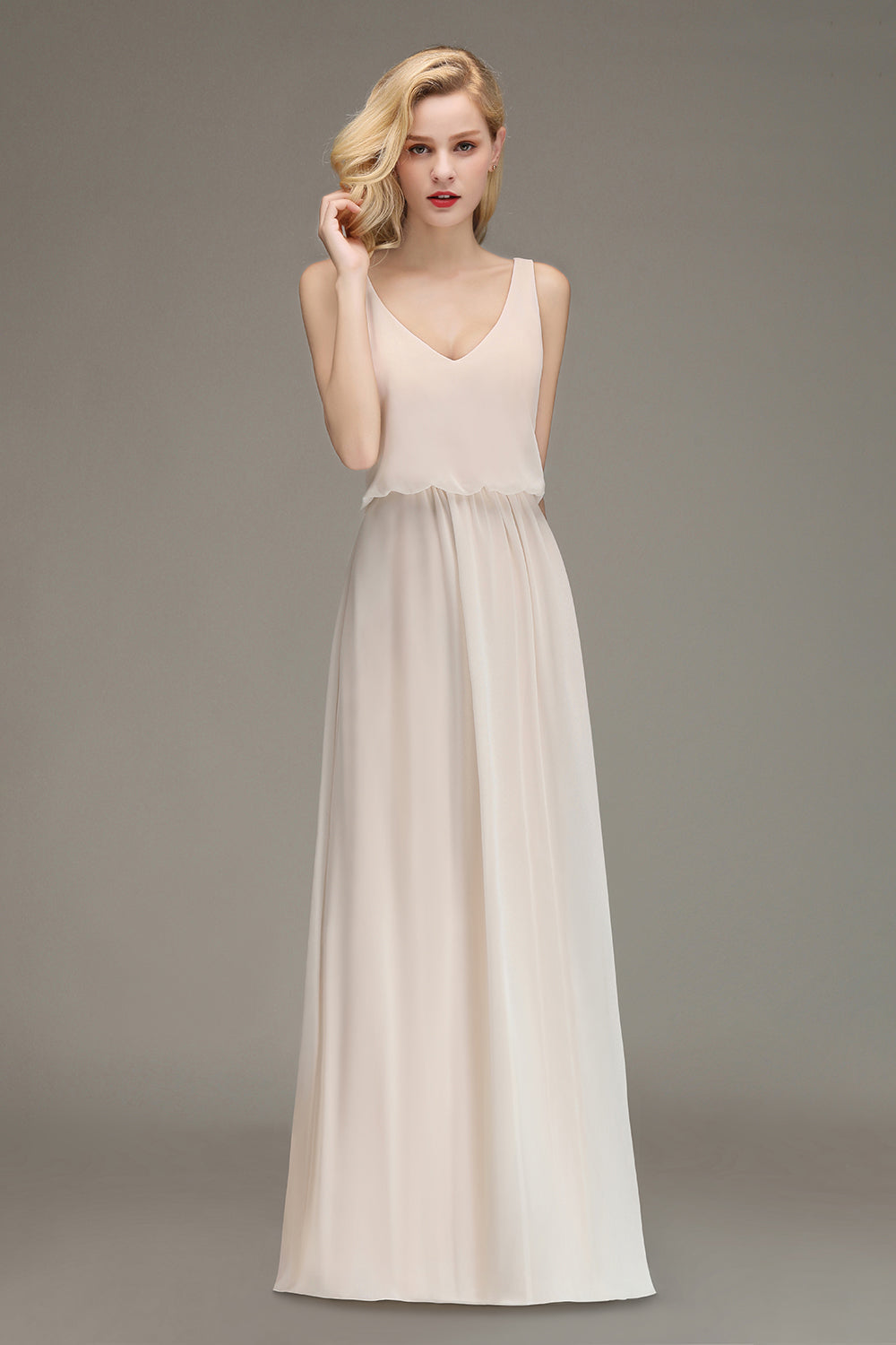 Elegant Straps V-Neck Long Affordable Bridesmaid Dresses with Ruffle-Babyonlinedress