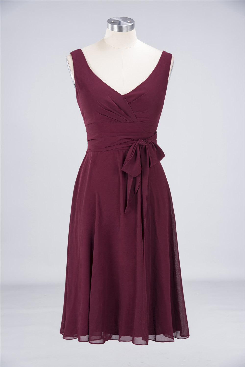 Elegant Straps V-Neck Ruffle Short Burgundy Bridesmaid Dress with Bow Sash-Babyonlinedress