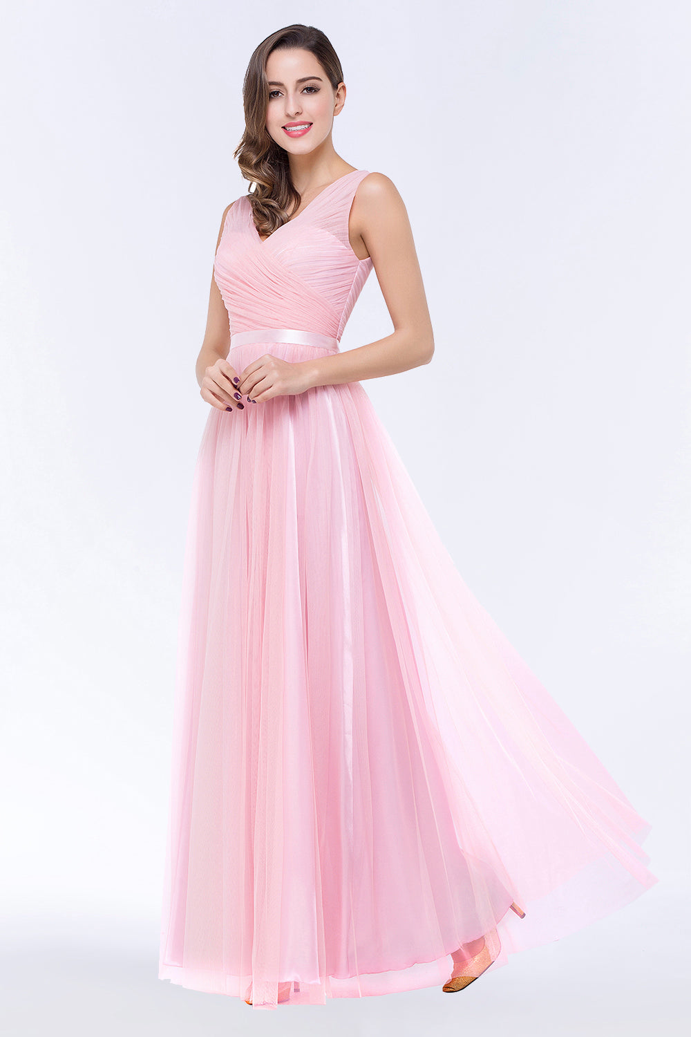 Elegant Tulle V-Neck Sleeveless Ruffle Long Bridesmaid Dress with Sash-Babyonlinedress