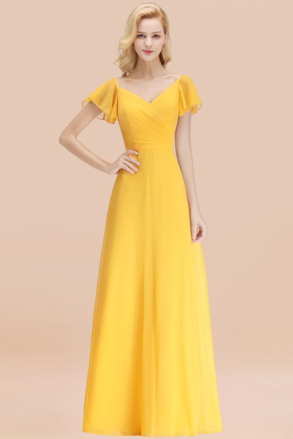 Elegent Short-Sleeve Long Bridesmaid Dress Online Yellow Chiffon Wedding Party Dress-Babyonlinedress