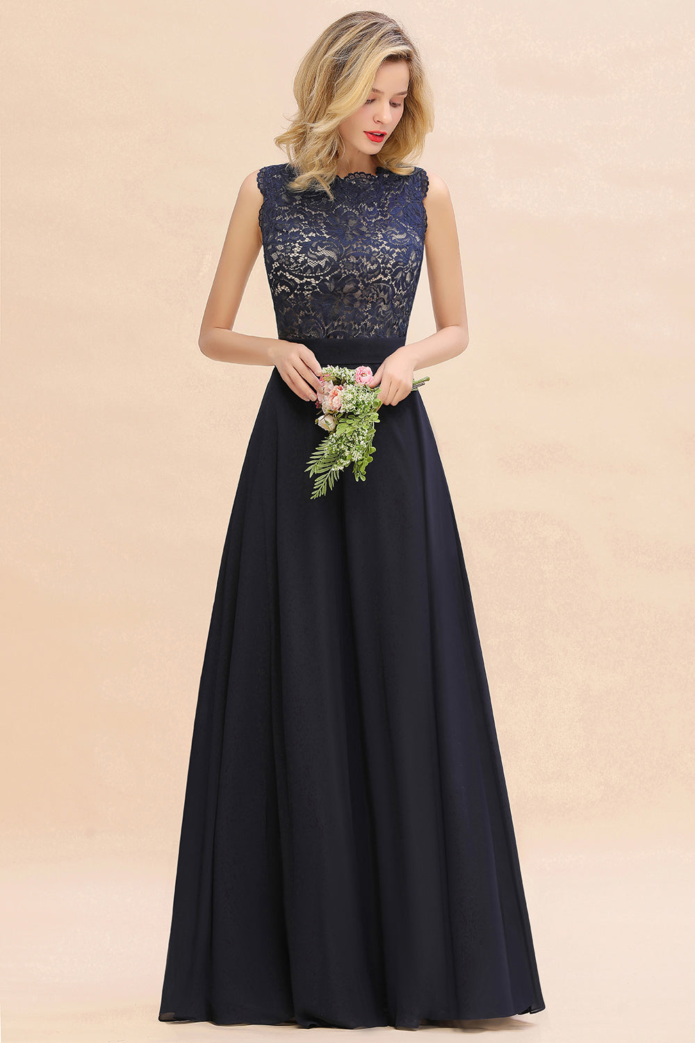 Exquisite Scoop Chiffon Lace Bridesmaid Dresses with V-Back-Babyonlinedress