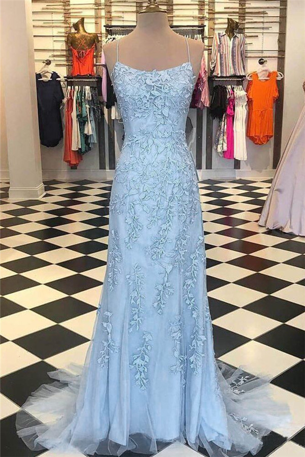 Sheer Applique Spaghetti-Strap Prom Dresses Mermaid Sleeveless Sexy Evening Dresses