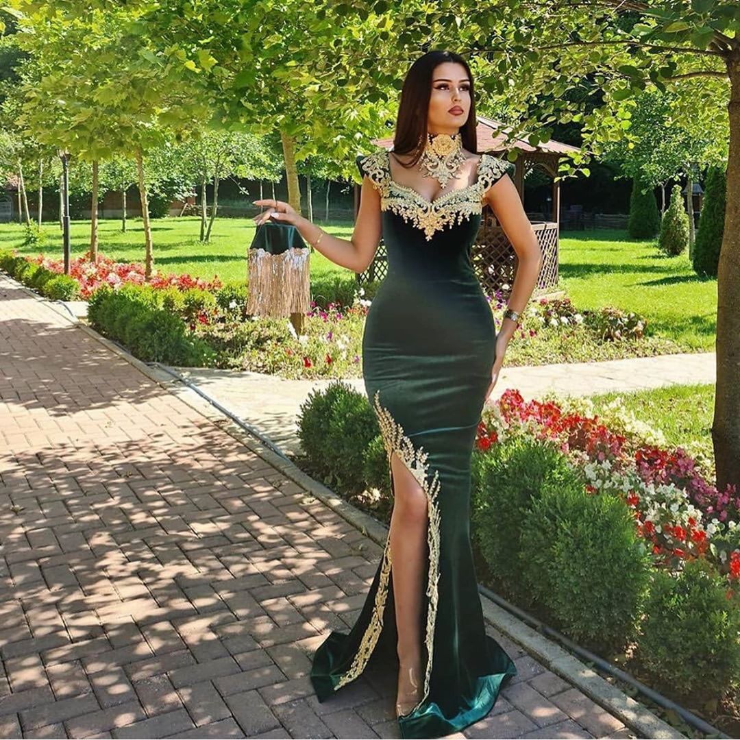 Mermaid Dark Green Velvet Formal Prom Dresses with Gold Lace appliques