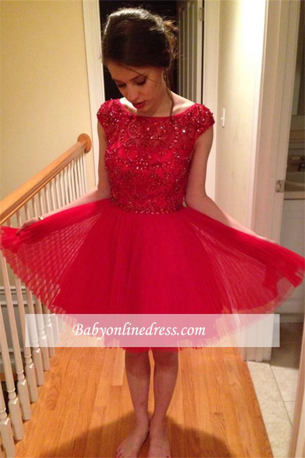 A-Line Cap Sleeves Crystals Short Red Homecoming Dress