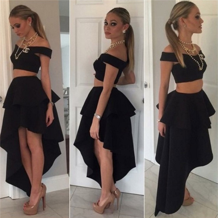 Black Off-the-shoulder Two-Piece Tiered Cheap Irregular Homecoming Dresses