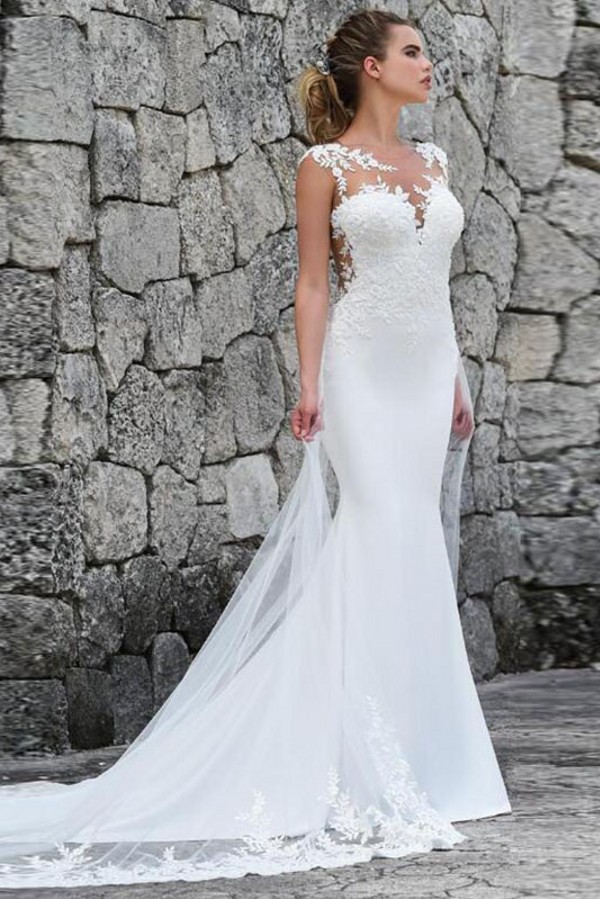 Elegant Straps Jewel Applique Crystal Fit And Flare Mermaid Wedding Dresses With Detachable Train