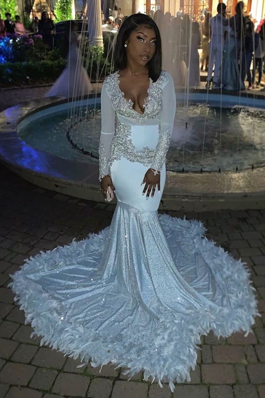 V-neck Appliques Mermaid Feather Prom Dresses with Train with Long Sleeves