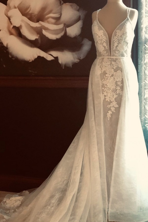 Elegant Spaghetti Strap Punging V Neckline Lace Sheath Wedding Dress With Detachable Overskirt