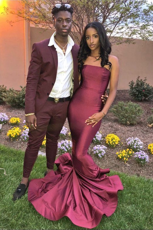 Burgundy Strapless Sleeveless Fitted Mermaid Prom Dresses |Floor Length Eevning Dresses